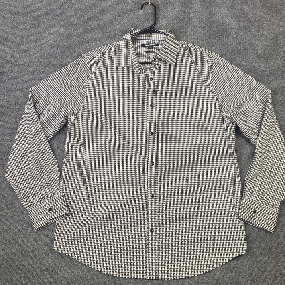 Karl Lagerfeld Paris Mens Houndstooth Pearl Snap Shirt Black White LM2W3209 M